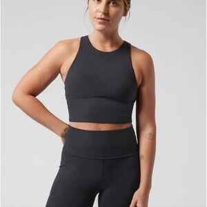 Athleta Conscious Crop Crop Cropped Top Tank Built In Bra Small Black Racerback